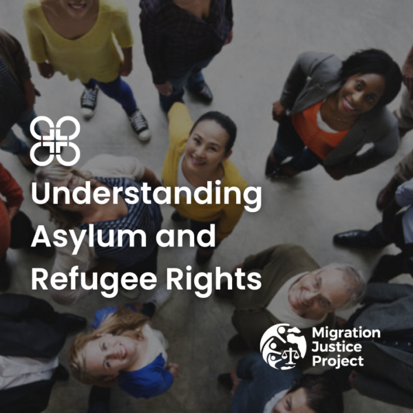 Illustration of interconnected figures with text "Understanding Asylum and Refugee Rights" and a logo for "Migration Justice Project".