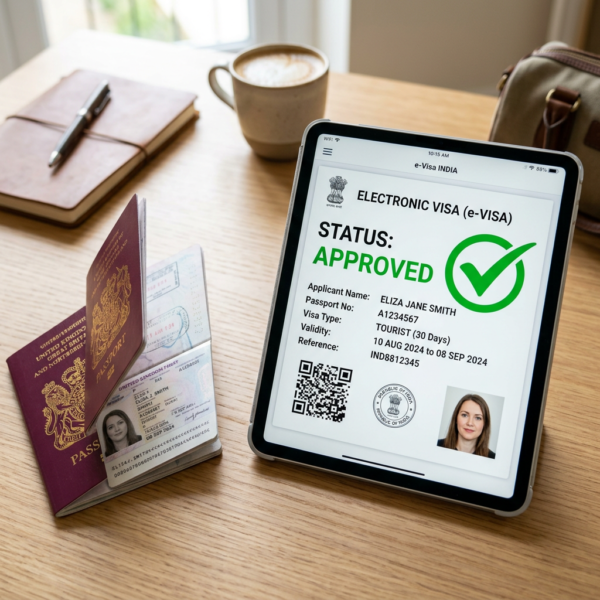 e-visa digital document with passport and checkmark