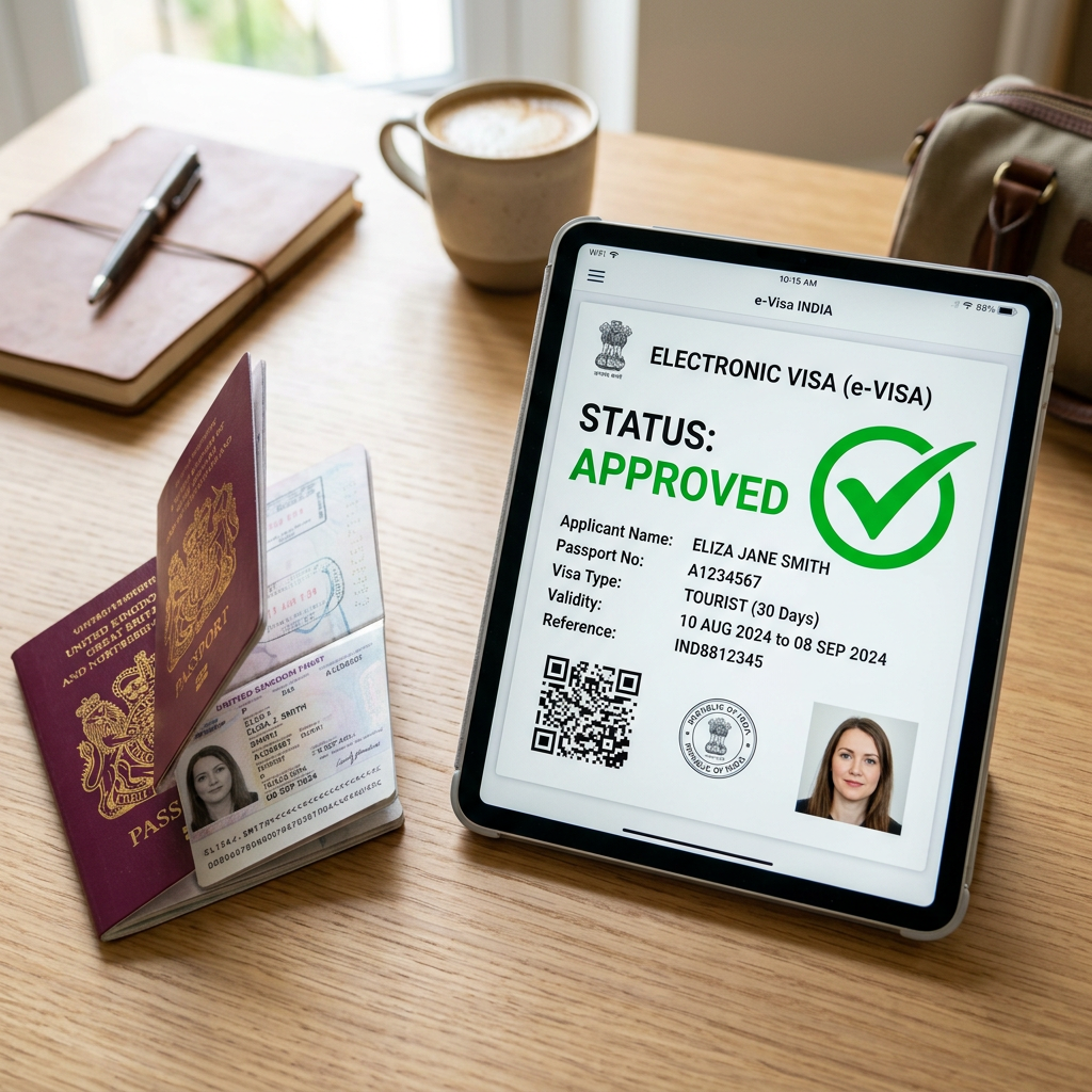 e-visa digital document with passport and checkmark