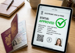 e-visa digital document with passport and checkmark